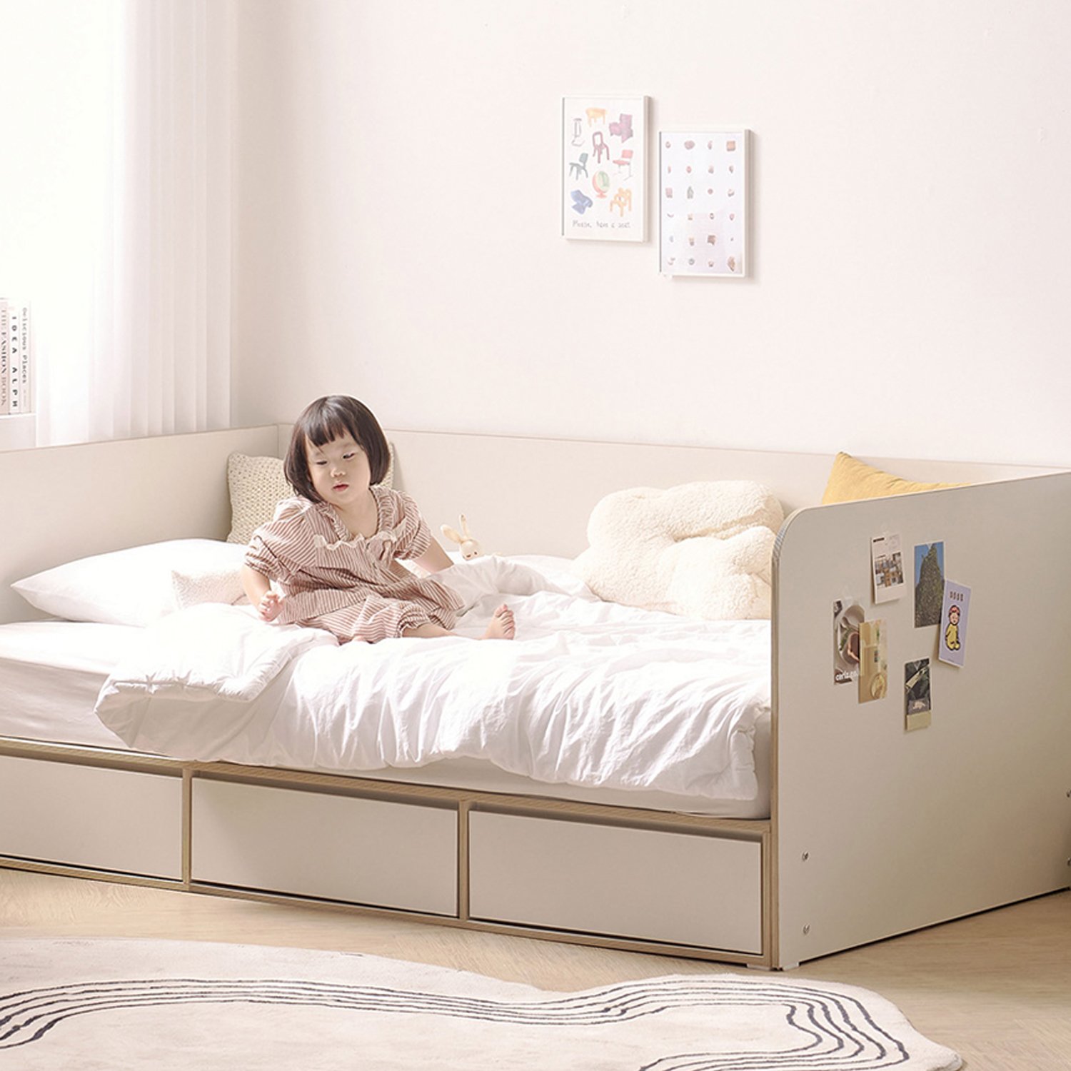 안전 가드 침대 키즈 아기 침대프레임 여아 공주 서랍형 SS(슈퍼싱글), 크림화이트 상세 이미지 2
